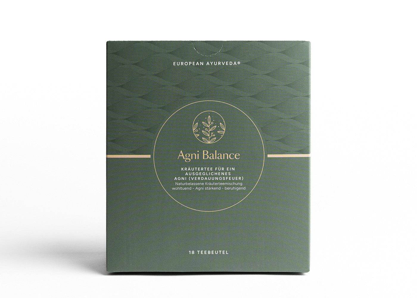 Der Agni Balance Tee von European Ayurveda als ayurvedische Kräuterteemischung mit 18 Teebeuteln.