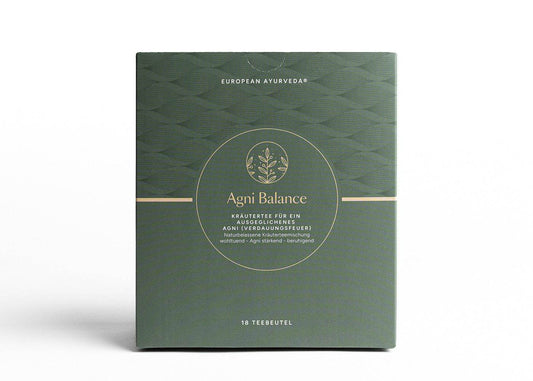 Der Agni Balance Tee von European Ayurveda als ayurvedische Kräuterteemischung mit 18 Teebeuteln.