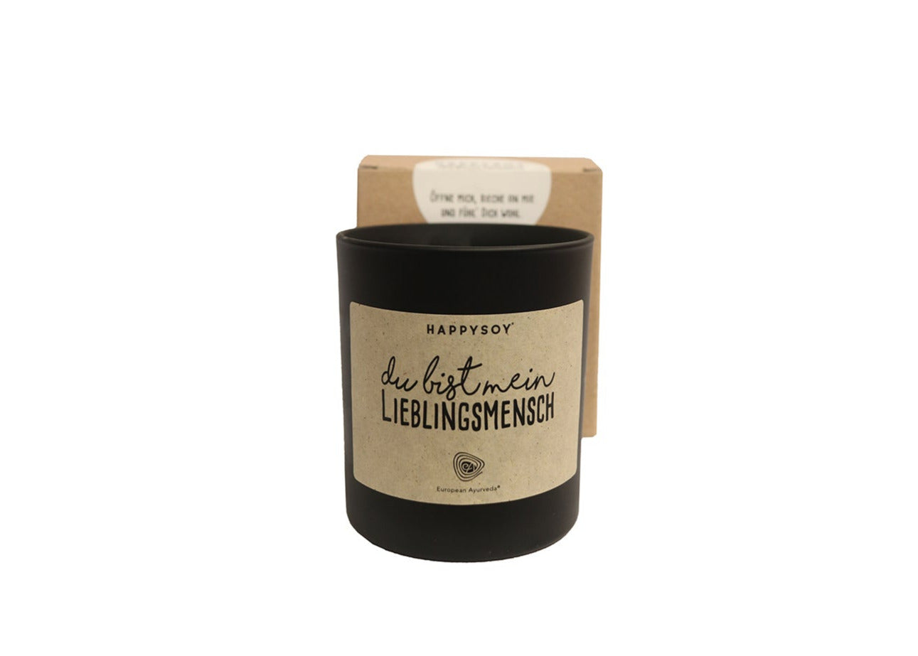 Vegane Duftkerze aus natürlichem Sojawachs mit der Botschaft Du bist mein Lieblingsmensch als liebevolles Geschenk.