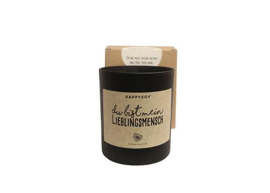 Vegane Duftkerze aus natürlichem Sojawachs mit der Botschaft Du bist mein Lieblingsmensch als liebevolles Geschenk.