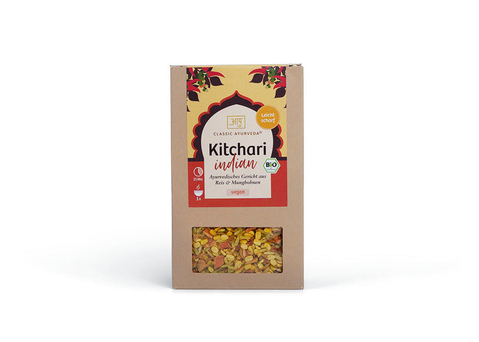 Kitchari Indian – traditionelles ayurvedisches Gericht aus Basmatireis und Mungbohnen, bio und vegan, für eine leicht verdauliche Mahlzeit nach ayurvedischer Rezeptur.